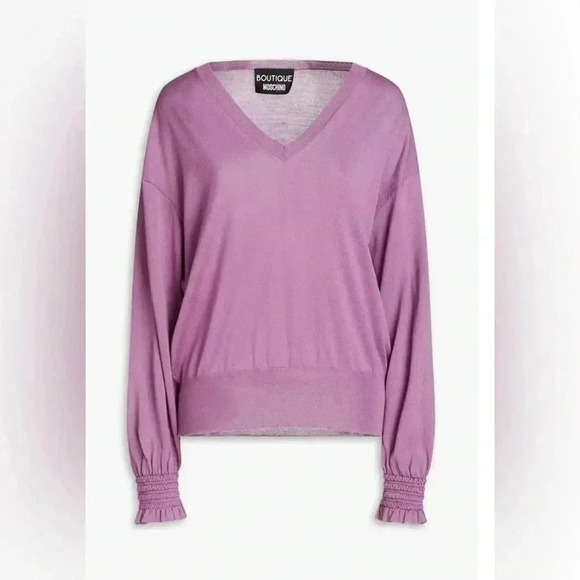 BOUTIQUE MOSCHINO Wool sweater V-Neck Smocked Cuff Slightly Loose Fit  Lila Sz L - Picture 4 of 13